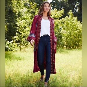 NWT JOHNNY WAS Embroidered
Messine Pocketed Open-Front
Long Kimono Coat